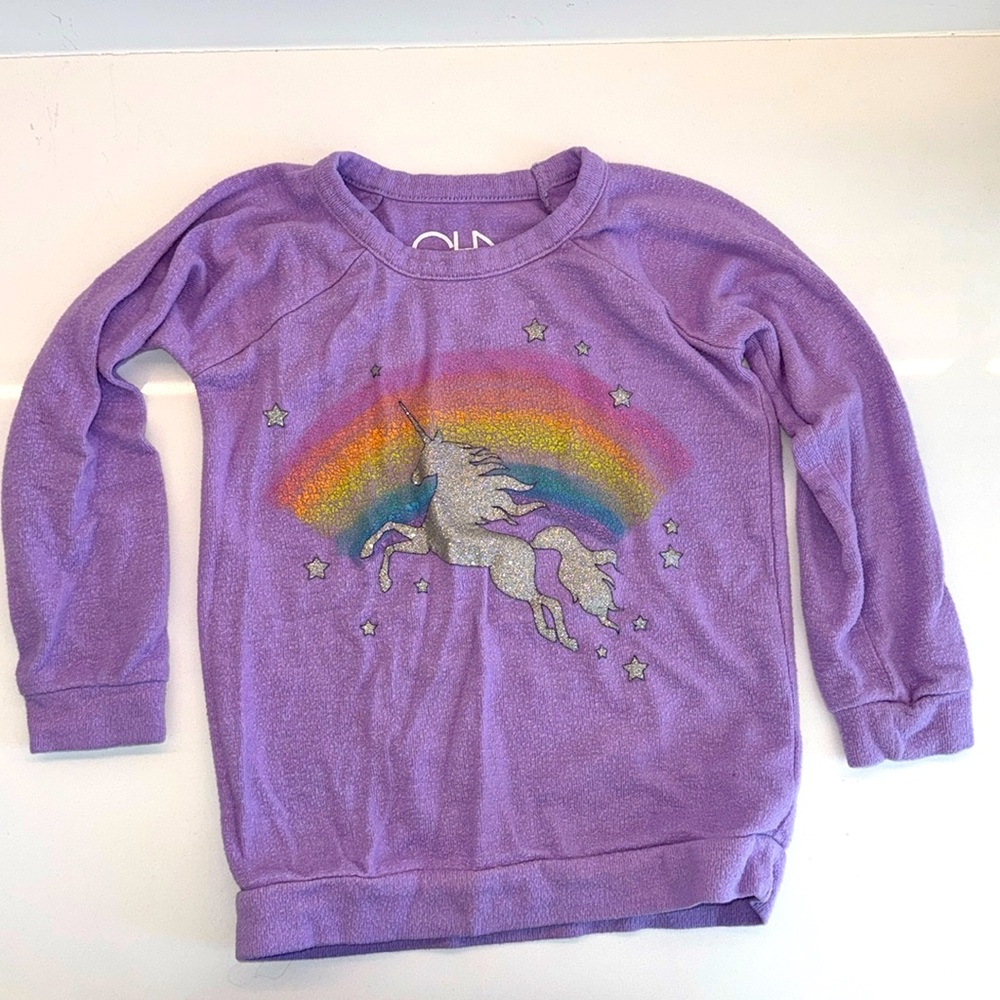 Chaser Brand purple girls sweatshirt size 6- rainbow & silver glitter unicorn